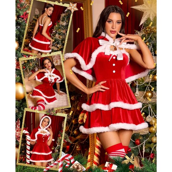 Sexy Christmas Velvet Dress with Cape & Furry Babydoll 2-Piece Outfit - Picture 4 of 5